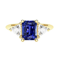 Anello con 3 pietre di zaffiro blu smeraldo con trilioni di diamanti da 2,50 carati