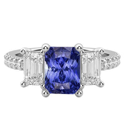 Anello con 3 pietre in stile smeraldo. diamante. zaffiro blu. taglio radiante. 4 carati