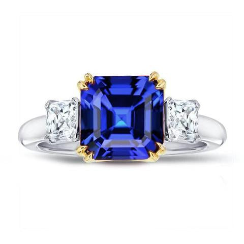 Anello con 3 pietre radianti. diamanti e zaffiro Asscher. 2.50 carati. bicolore - harrychadent.it