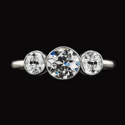 Anello con 3 pietre, tondo con diamanti taglio antico gioielli in oro bianco 4 carati