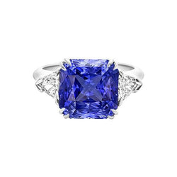 Anello con 3 pietre trilioni di diamanti. 2.50 carati. zaffiro di Ceylon a doppia punta