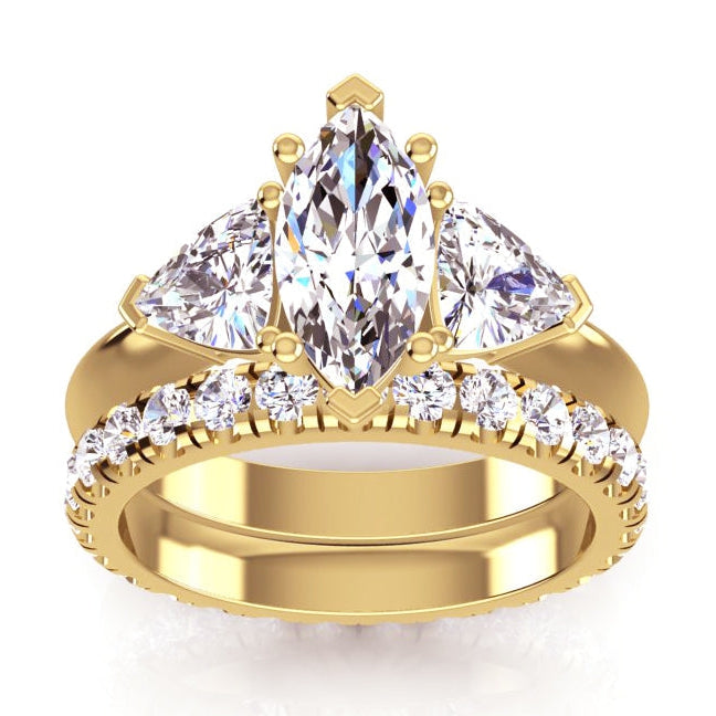 Anello con 3 pietre Marquise & Trilliant Diamond con fascia abbinata in oro giallo