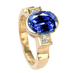 Anello con 3,60 carati lunetta in zaffiro blu dello Sri Lanka 3 pietre in oro bianco 14 carati
