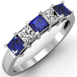 Anello con 5 pietre di diamanti e zaffiri di Ceylon taglio Princess, 1,75 ct
