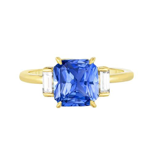 Anello 3 Pietre Zaffiro Blu Radiante 2.50 Carati Diamanti Baguette - harrychadent.it