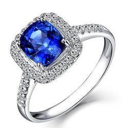 Anello con cuscino 4,30 carati zaffiro blu di Ceylon e diamanti tondi in oro bianco 14 carati