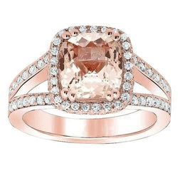 Anello con cuscino in Morganite e diamanti rotondi da 15 ct in oro rosa 14K