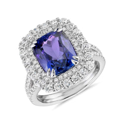 Anello con cuscino in tanzanite e diamanti da 9.50 ct in oro bianco 14K