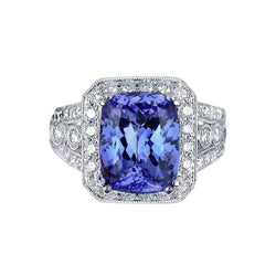 Anello con cuscino in tanzanite e diamanti rotondi da 9.50 carati stile vintage