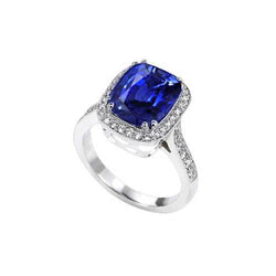 Anello con cuscino in zaffiro blu e diamanti a taglio rotondo da 4,55 carati WG 14K