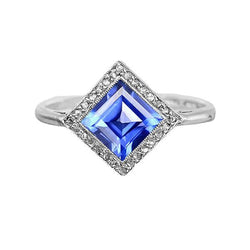 Anello con diamante Halo Princess Blue Sapphire Ring 3 carati stile piramide in oro