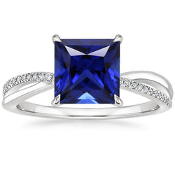 Anello con diamante Halo Zaffiro Ceylon 5.50 carati Princess con accenti