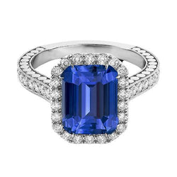 Anello con diamante Halo e smeraldo blu zaffiro con 4 carati incastonato Milgrain