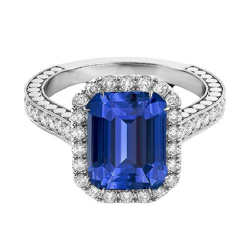 Anello con diamante Halo e smeraldo blu zaffiro con 4 carati incastonato Milgrain - harrychadent.it