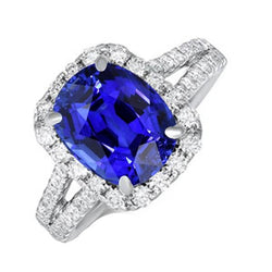 Anello con diamante Halo ovale blu zaffiro con gambo diviso 5.50 carati gioielli