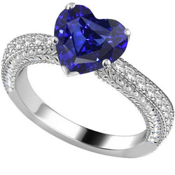 Anello con diamante stile vintage 4 carati con zaffiro blu naturale taglio a cuore