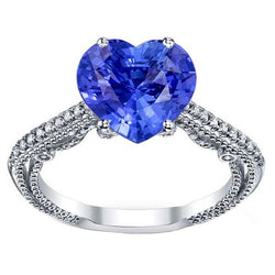Anello con diamante zaffiro blu 3 carati con pavé di accenti in oro 14k Milgrain