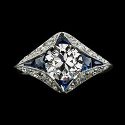 Anello con diamante zaffiro e zaffiro trapezoidale vecchio miniera 3,75 carati Milgrain