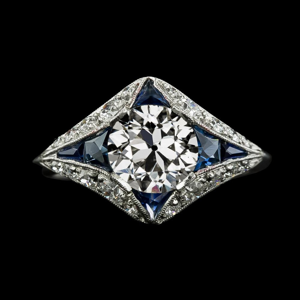 Anello con diamante zaffiro e zaffiro trapezoidale vecchio miniera 3,75 carati Milgrain - harrychadent.it