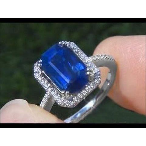 2.70 Carats Blue Emerald Cut Sapphire With Diamond Ring 14K White Gold - harrychadent.it