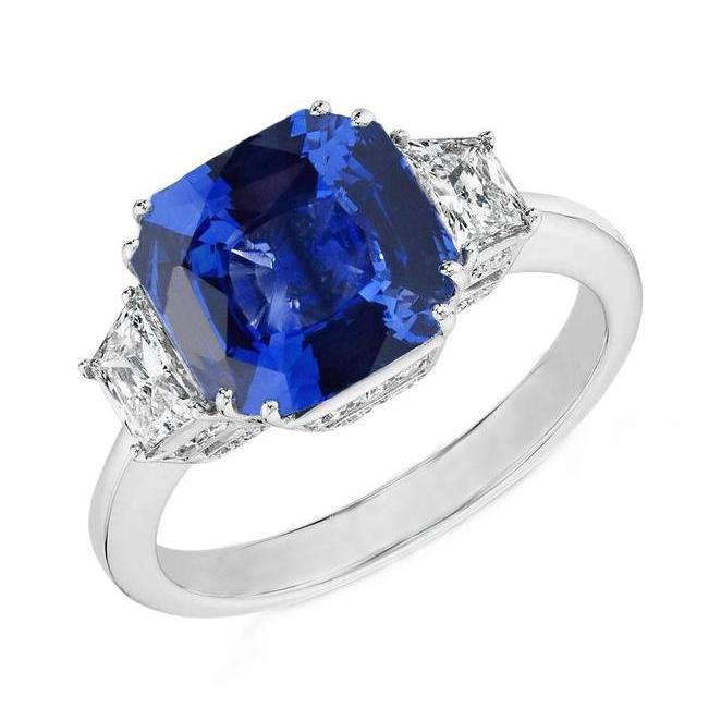 Anello con diamanti Asscher con zaffiro blu dello Sri Lanka, 2 ct. WG 14K - harrychadent.it