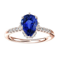 Anello con diamanti Halo Pear Blue Sapphire Ring 4 carati in oro rosa 14K