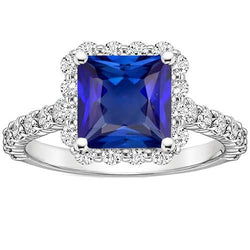 Anello con diamanti rotondi Halo e zaffiro della principessa dello Sri Lanka 4.50 carati