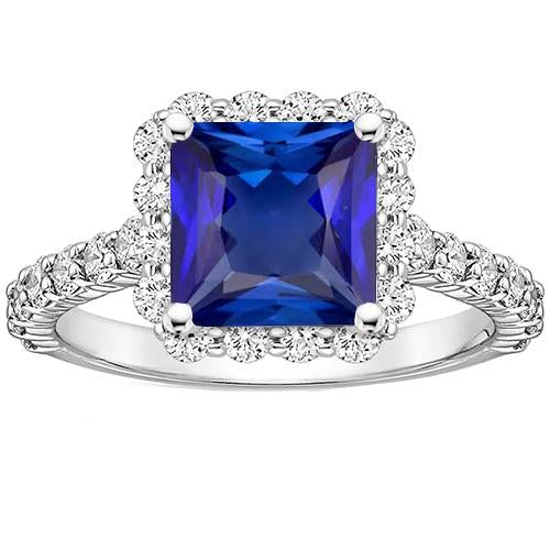 Anello con diamanti rotondi Halo e zaffiro della principessa dello Sri Lanka 4.50 carati - harrychadent.it