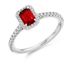 Anello con diamanti rotondi rubino taglio smeraldo 2,30 carati oro bianco 14 carati