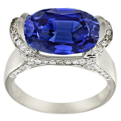 Anello con diamanti tondi e zaffiri blu taglio ovale con montatura a barra 4.50 carati