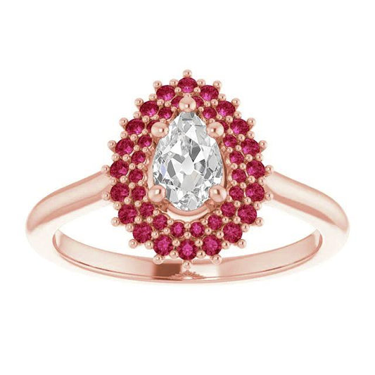 Anello con doppia pera aureola. vecchio minatore. con diamanti. rubini tondi. 3.50 carati - harrychadent.it