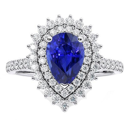 Anello con doppio anello di diamanti a forma di fiore pera blu zaffiro 5.50 carati - harrychadent.it