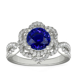 Anello con doppio anello in zaffiro blu rotondo a forma di fiore con gambo diviso 5 carati