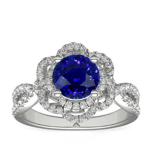 Anello con doppio anello in zaffiro blu rotondo a forma di fiore con gambo diviso 5 carati - harrychadent.it