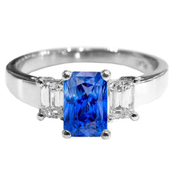 Anello con gemma di zaffiro blu smeraldo da 3 carati e 3 pietre di diamanti