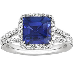 Anello con gemme di diamanti 5 carati Halo gioielli in oro con zaffiro blu naturale