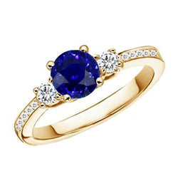 Anello con gemme di diamanti Zaffiro blu 2 carati 3 pietre stile oro giallo