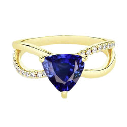 Anello con gemme di diamanti a forma di trilioni di zaffiri con gambo diviso 2.50 carati