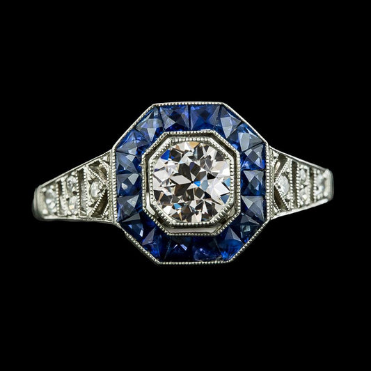 Anello con gemme di diamanti taglio antico Halo Zaffiri di Ceylon 3 carati Milgrain - harrychadent.it