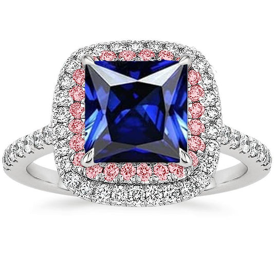 Anello con gemme e diamanti. zaffiro blu e rosa. doppio alone. 6.50 carati d'oro - harrychadent.it