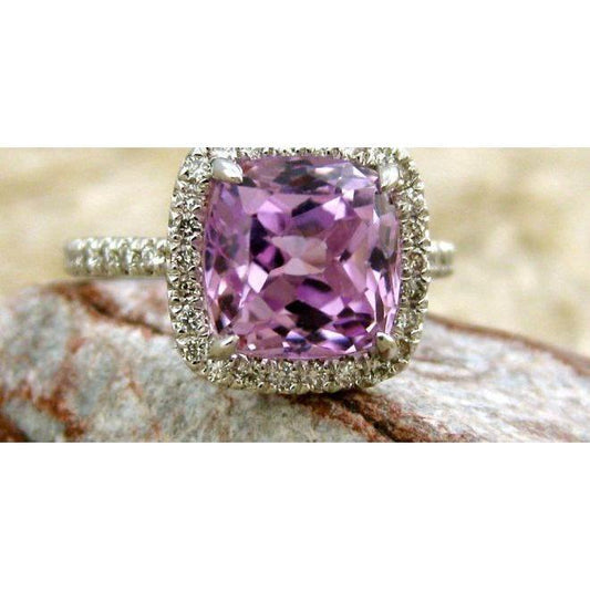 Anello con kunzite rosa e diamanti taglio cuscino in oro bianco 14 kt 30.40 ct - harrychadent.it