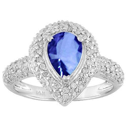 Anello con pera da 4,40 carati e zaffiro blu dello Sri Lanka e diamante tondo WG in oro bianco 14 carati