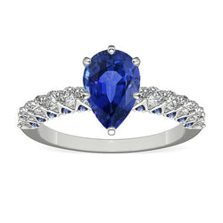Anello con pietra preziosa a pera con zaffiro blu rotondo da 3 carati e accenti di diamanti in oro bianco 14 carati