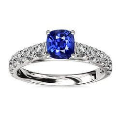 Anello con pietra preziosa blu zaffiro cuscino rotondo diamante 3 carati oro bianco