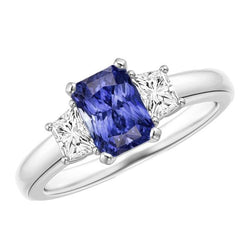Anello con pietra preziosa di zaffiro da 2,50 carati e gioielli di diamanti 3 pietre trapezoidali