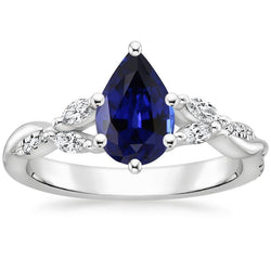 Anello con pietra preziosa zaffiro blu pera 7.25 carati Marquise e diamanti rotondi