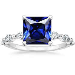 Anello con pietre preziose Zaffiro blu principessa e accenti di diamanti a pera 5.50 carati