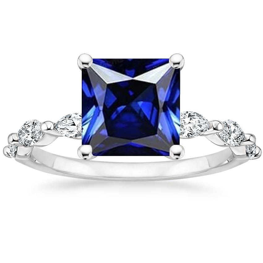Anello con pietre preziose Zaffiro blu principessa e accenti di diamanti a pera 5.50 carati - harrychadent.it