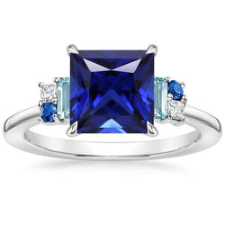 Anello con pietre preziose Zaffiro blu principessa. acquamarina e diamanti 5.50 carati