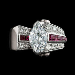 Anello con rubini baguette con diamanti taglio antico marquise V Prong Set 6,50 carati